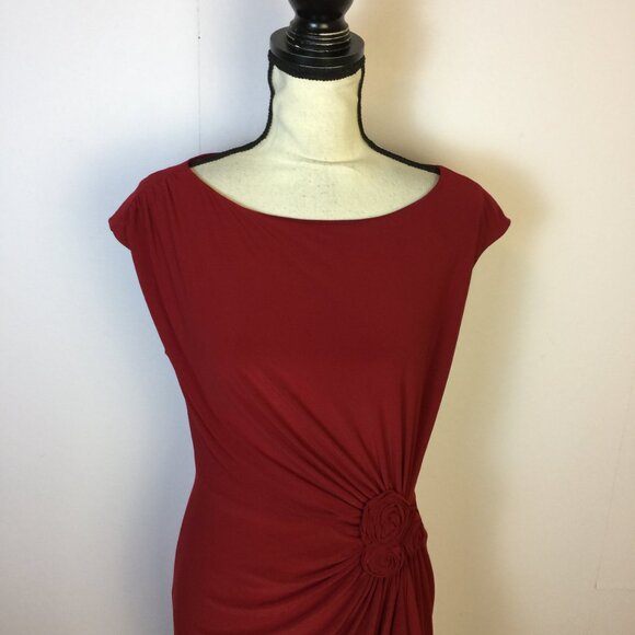 Jones New York Sheath Dress Sz 8 Womans Red Knit Short Cap Sleeve Flower Ruched - Picture 4 of 13